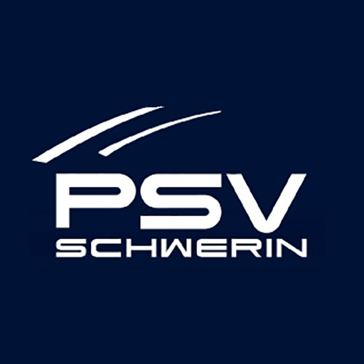 Logo des PSV Schwerin auf dunkelblauem Hintergrund. Über dem Schriftzug ‚PSV Schwerin‘ sind drei dynamische weiße Linien dargestellt.