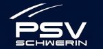 Logo des PSV Schwerin auf dunkelblauem Hintergrund. Über dem Schriftzug ‚PSV Schwerin‘ sind drei dynamische weiße Linien dargestellt.